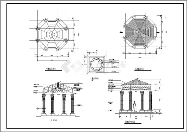 某一层砖木结构八角亭建筑施工图（高5.46米）-图一
