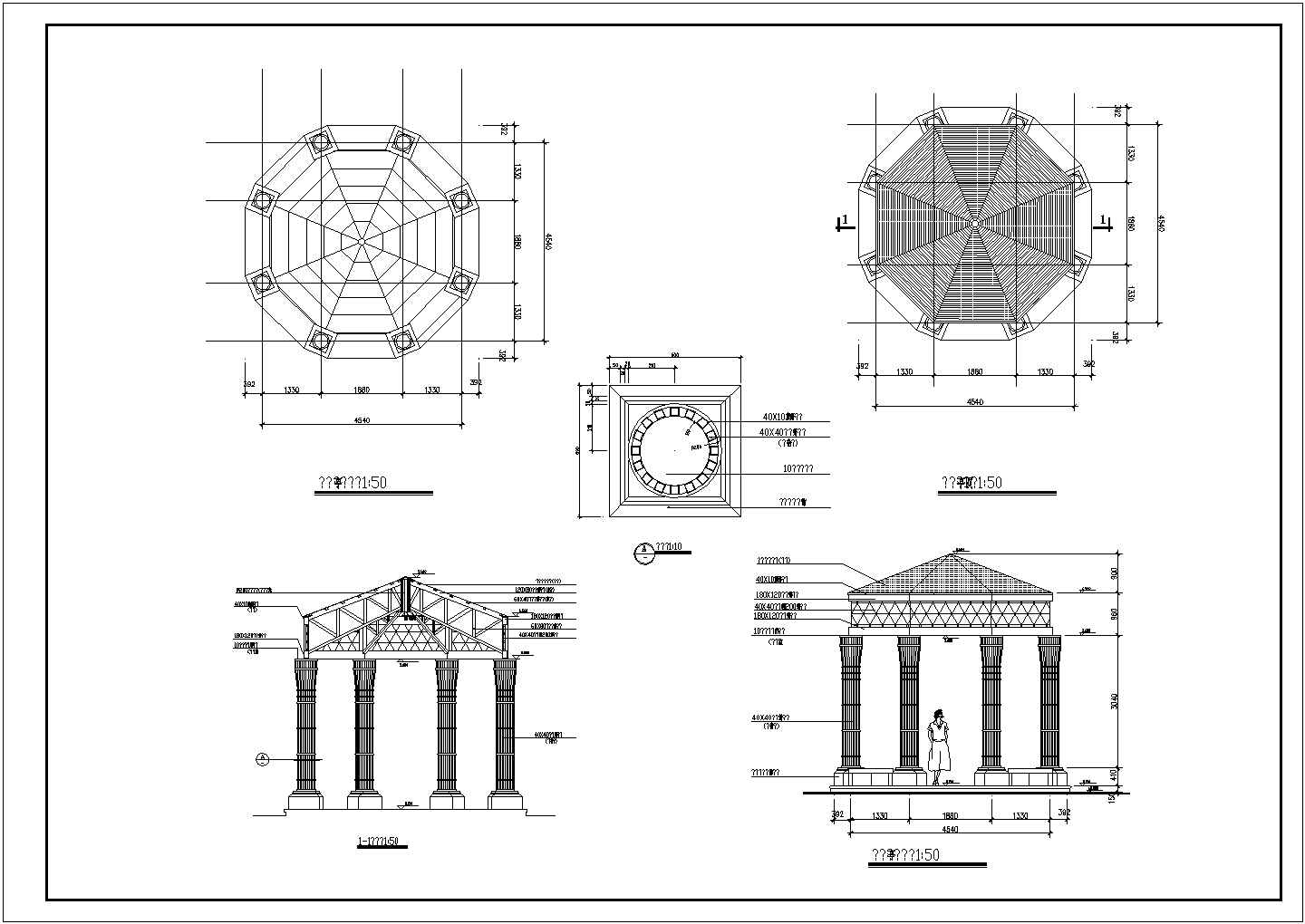 某一层砖木结构八角亭建筑施工图（高5.46米）
