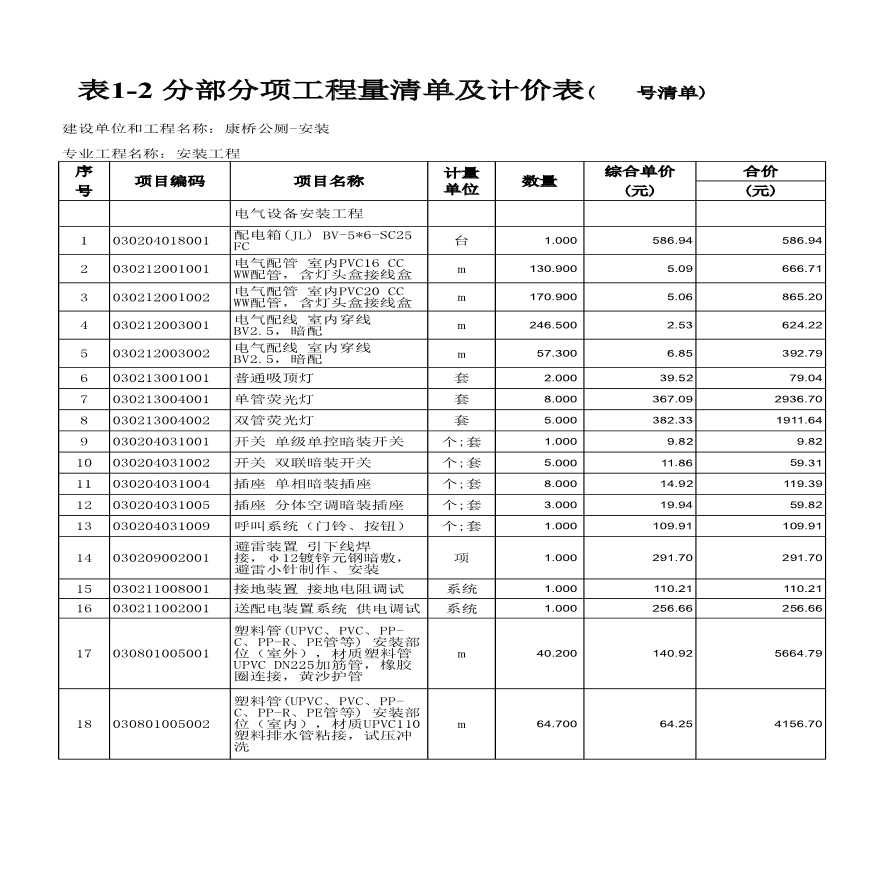 分部分项工程量清单及计价表-图一