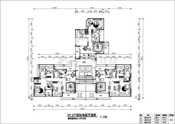 住宅一梯三户型标准层平面建筑设计图-图二