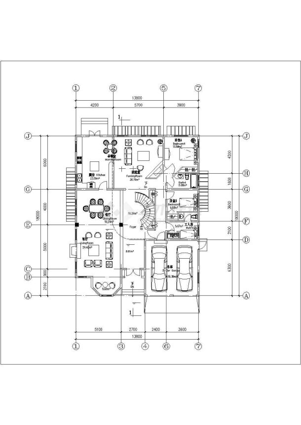 昆明市某小区230平米2+1层框混结构独栋别墅建筑设计CAD图纸-图二