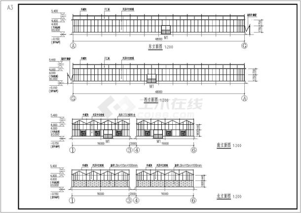 8米x48米智能连栋温室平立剖图纸-图一