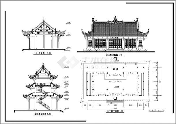 某城市古建寺庙建筑设计图（平立剖）-图一