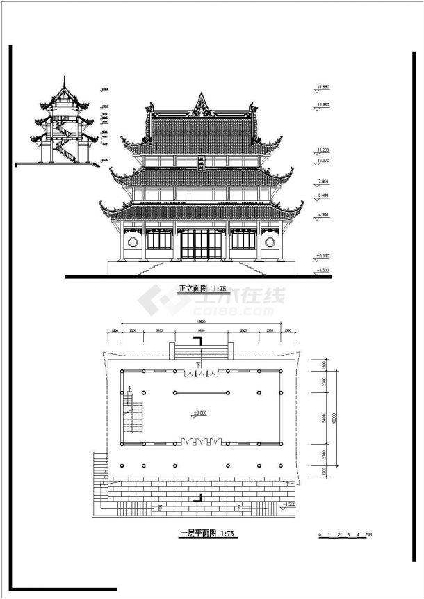 某城市古建寺庙建筑设计图（平立剖）-图二