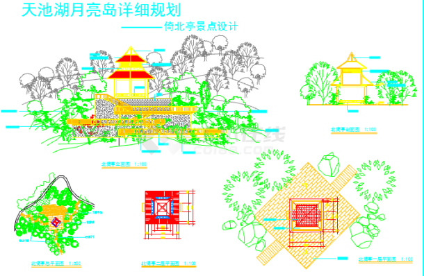 某地天池湖月亮岛公园亭景点设计图-图一