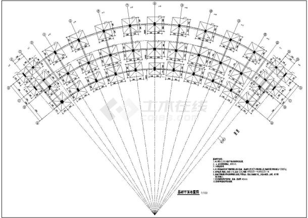 某地上三层框架结构弧形办公楼结构设计图（独立基础）-图一