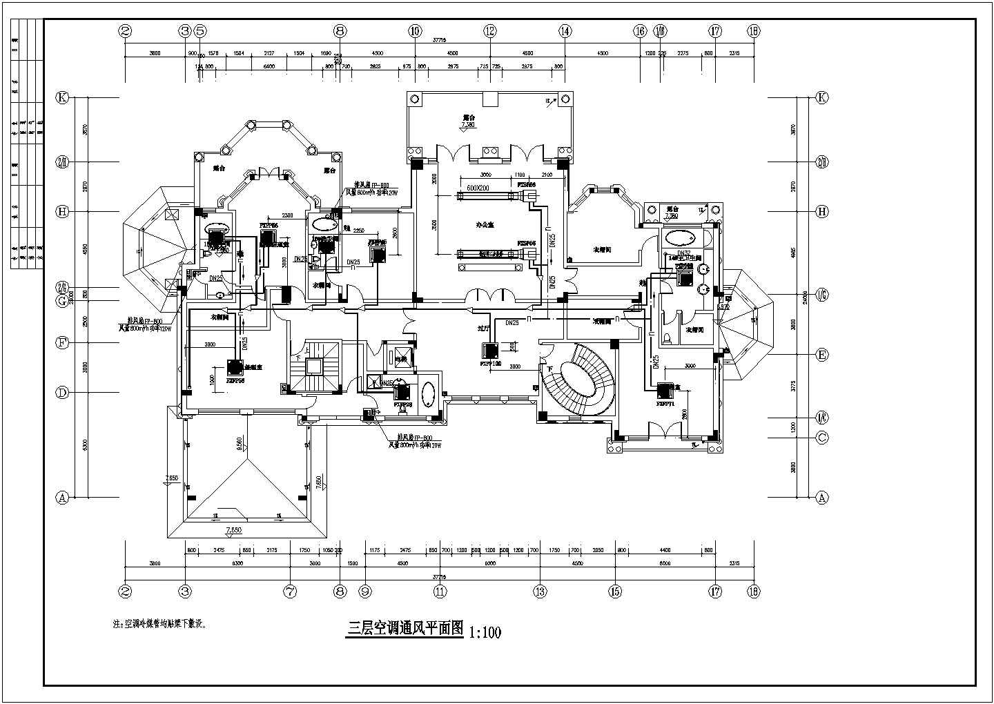 天津某2654.85㎡三层建筑公司独栋办公楼空调、通风设计平面图
