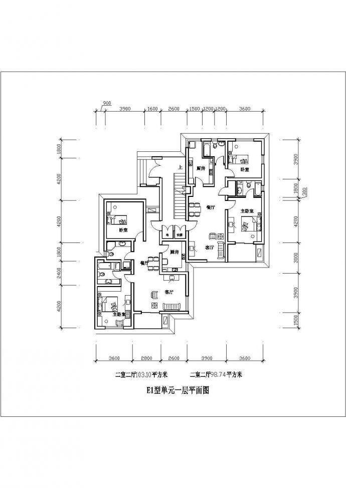 二室二厅103平米N14装修设计图纸_图1