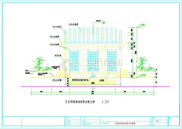 某地B区网球场休闲亭正立面图-石灯大样-休闲亭台阶剖面图CAD图纸-图一