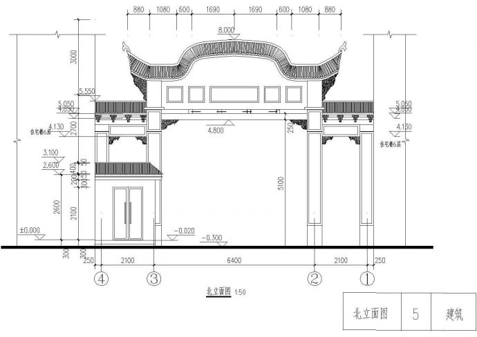中式风格财福主题养老院老年公寓的大门建筑和结构图仿古大门cad图纸下载含效果图_图1