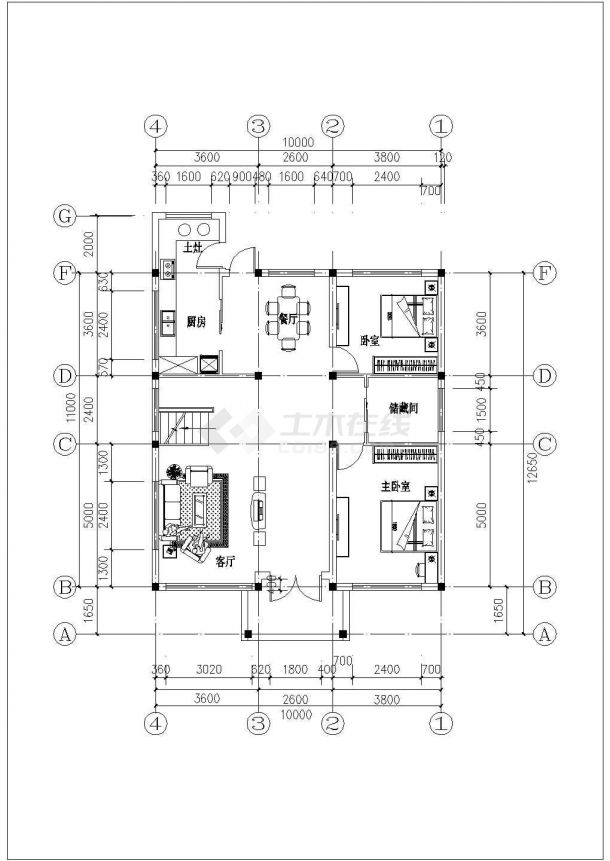 两层长10.00米 宽11.00米农村自建房建筑平面图-图二