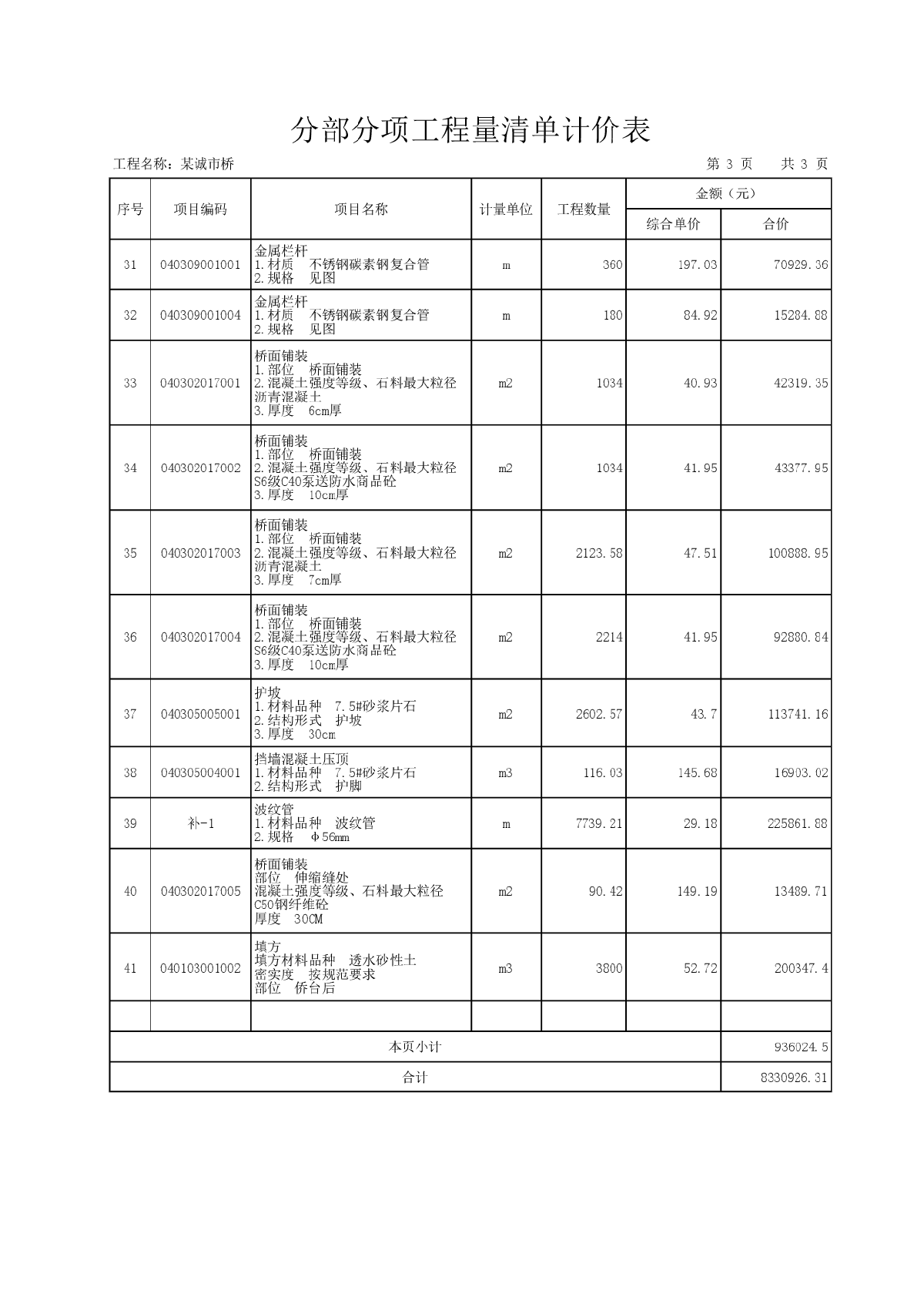 某城市桥梁工程量清单报价(含工程概况)