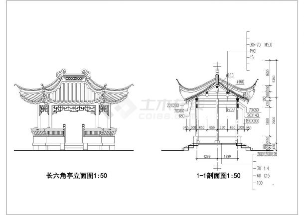 某单层砖木结构古建亭子建筑方案图系列-长六角亭（高5米）-图二