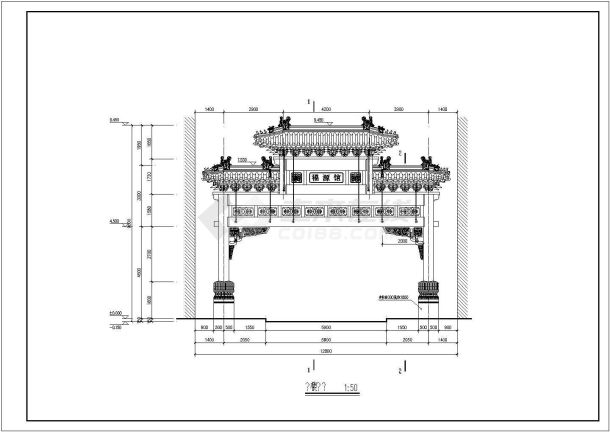 某古建牌楼建筑立面剖面方案图纸（高9米）-图二