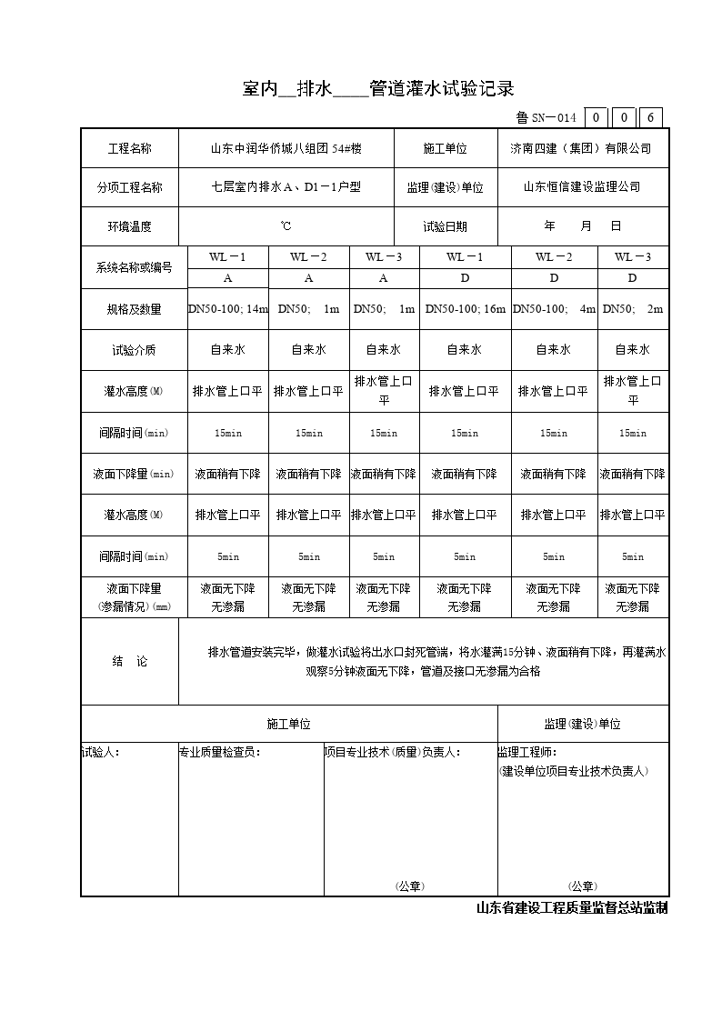 室内某管道灌水试验记录