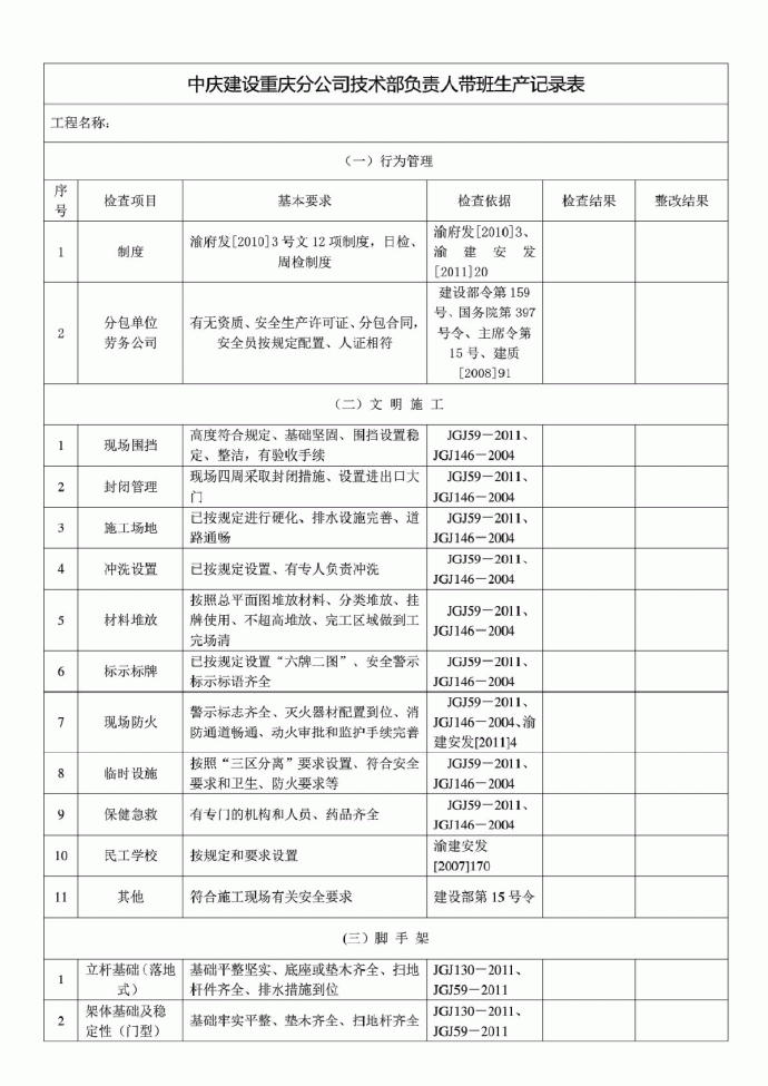 重庆市建筑施工项目负责人带班生产记录表_图1