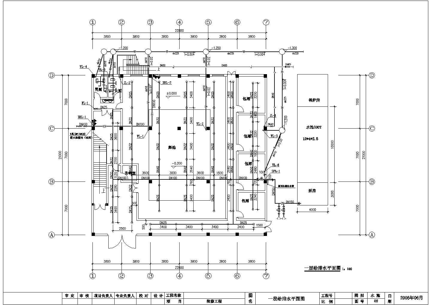 4层楼给排水及消防系统设计CAD布置方案图（歌舞厅、宾馆、浴室）
