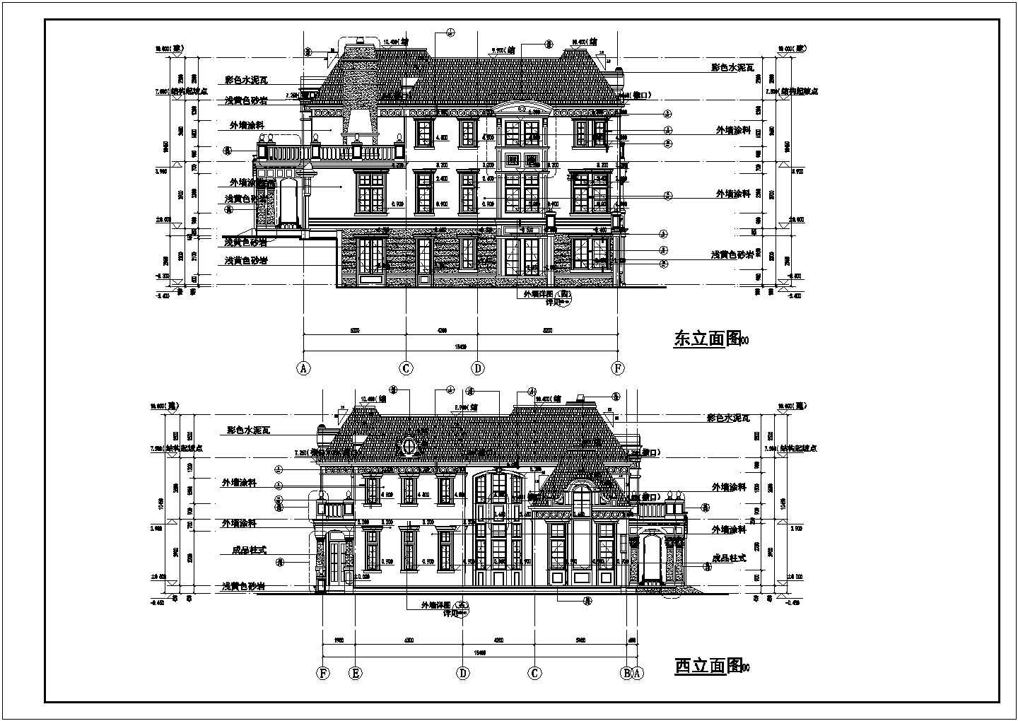 外观设计精美的二层欧式风格独栋别墅设计建筑设计扩初设计cad图（标注齐全）