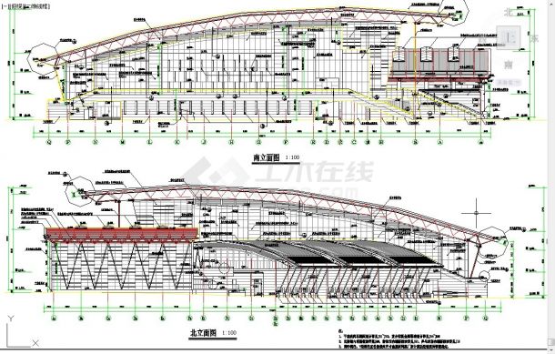 天津市某大学4层钢框架结构体育馆立剖面设计CAD图纸（高23米）-图二