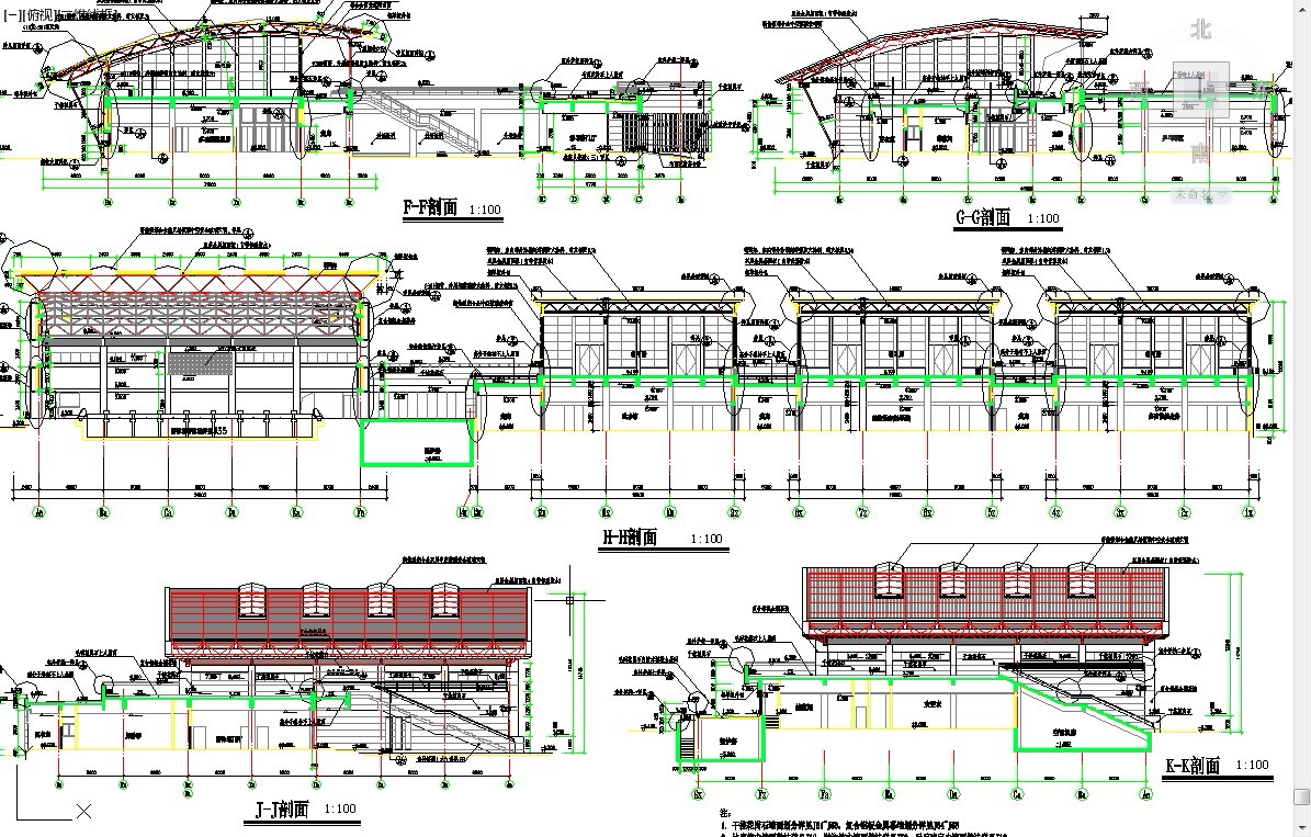 天津市某大学4层钢框架结构体育馆立剖面设计CAD图纸（高23米）