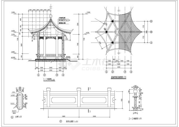 景观设计常用的六角亭及栏杆建筑cad施工图-图二