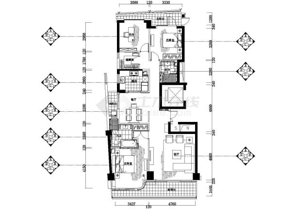 长条形户型三居室样板房设计cad施工图-图二