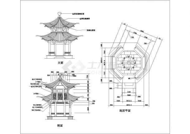 两套设计新颖的八柱双层古亭景观设计施工详图-图二
