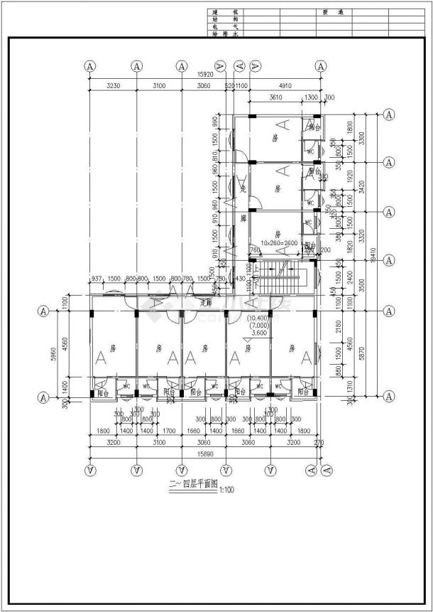 某四层框架结构民房结构设计施工图纸（L型建筑）-图一