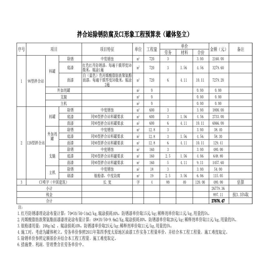 拌合站除锈防腐及CI形象工程预算表（罐体竖立）-图一