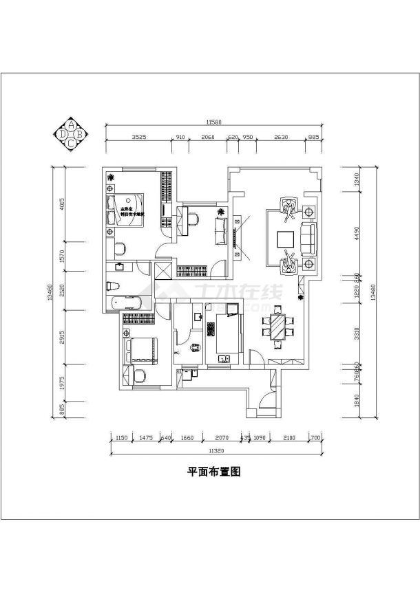 某简约风格两居室130平米住宅室内设计施工图-图二