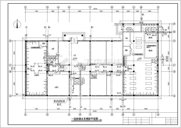 五层大型浴室浴场给排水设计施工CAD平面布置图-图一
