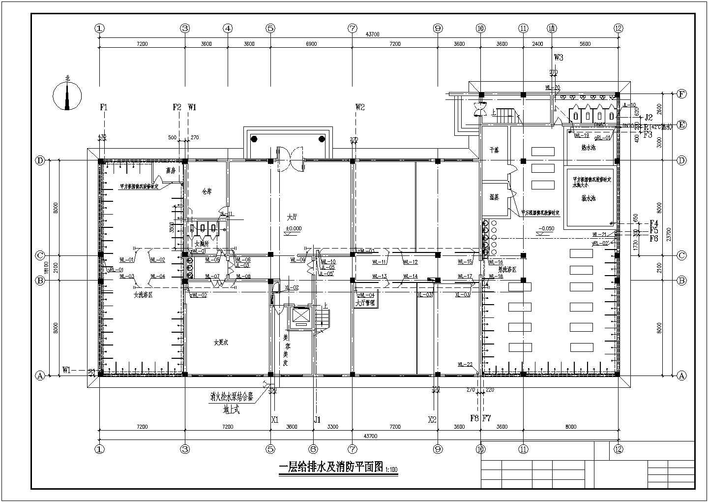 五层大型浴室浴场给排水设计施工CAD平面布置图