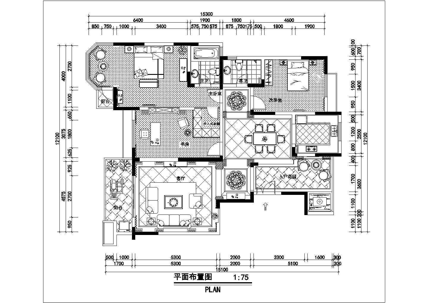 三室一厅两卫欧式别墅装修CAD施工图