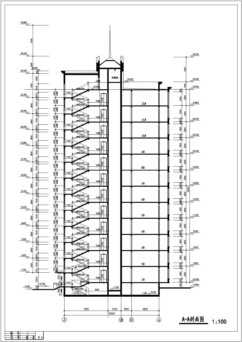 地下1地上11局部12层(顶层为复式)一楼梯一电梯2户对称点式住宅楼建筑施工图