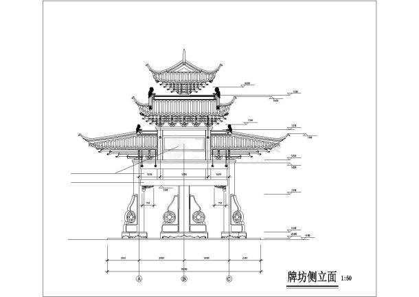 某公园小型仿古牌坊建筑cad方案详图-图二