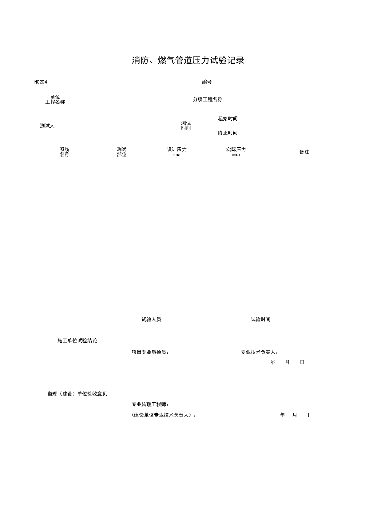 N0204_消防、燃气管道压力试验记录-图一