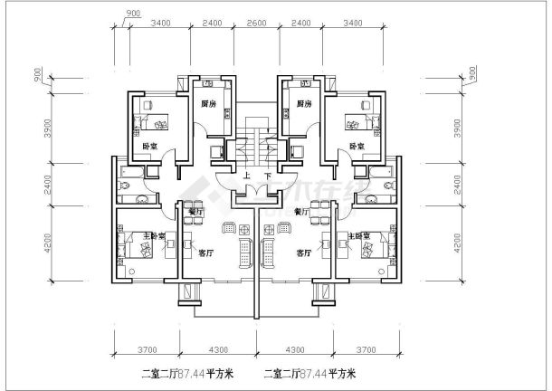 板式多层一梯二户二室二厅一卫户型图(87/87)-图一