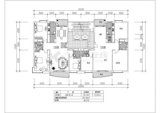 板式高层一梯二户户型图（174/174）-图一