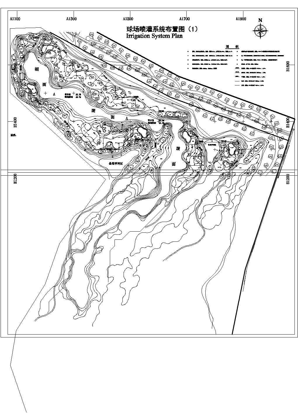 某高尔夫球场地形及喷灌系统图