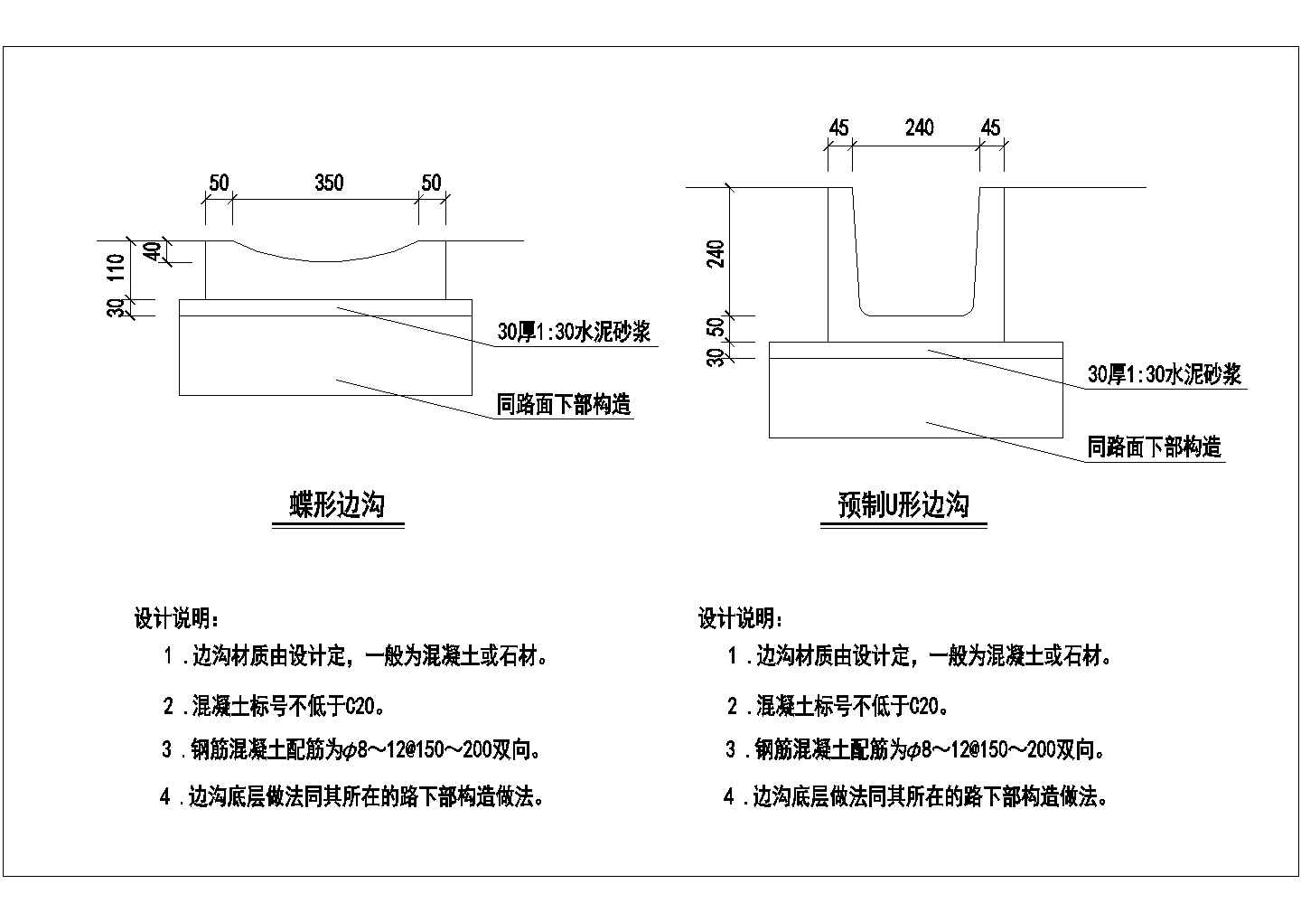 一些实用的边沟和地沟施工CAD设计大样详图