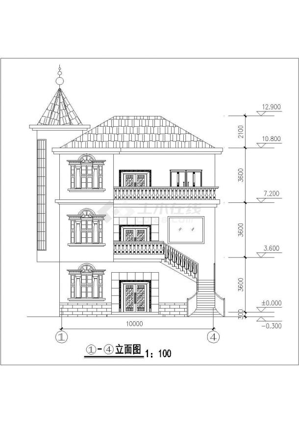 门朝南农村三层别墅建筑设计图cad（室外有楼梯道二楼）-图一