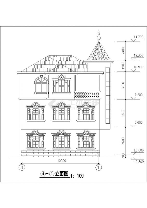 门朝南农村三层别墅建筑设计图cad（室外有楼梯道二楼）-图二