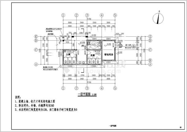 唐河镇两个公共厕所建筑设计施工图（建筑面积分别为66平方米、86平方米）-图二