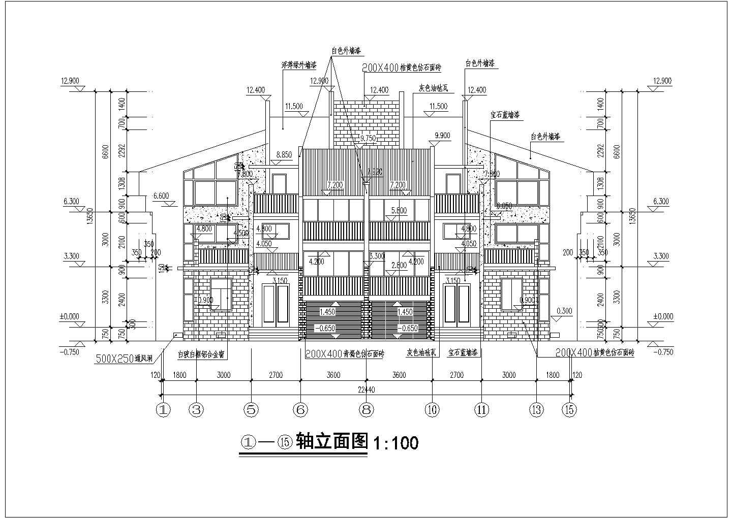 波茵花园小区三层联排别墅建筑设计施工图