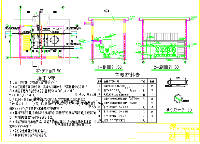 某工程消防泵房给排水设计cad图_图1
