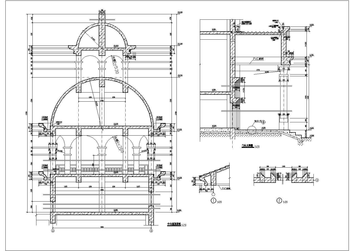 非常详细的三层圆顶教堂建筑CAD施工设计图