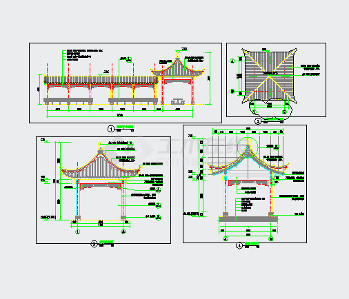 中式景观四角亭以及连廊CAD详图-图一