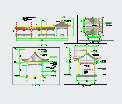 中式景观四角亭以及连廊CAD详图_图1