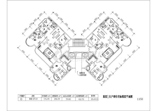 某地区小型高层1大户型住宅标准层户型平面图-图一