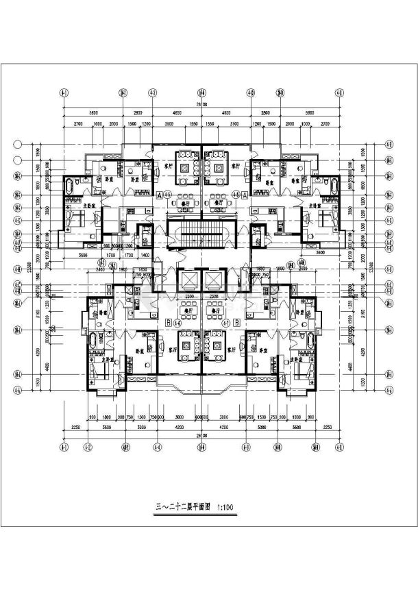 某地区小型三到二十二层户型平面图-图一